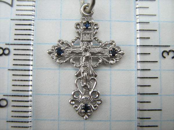 SOLID 925 Sterling Silver Cross Pendant Crucifixion Guardian Amulet Religion Sapphire Gemstones Vintage Christian Church Faith Jewelry Fine CR000537