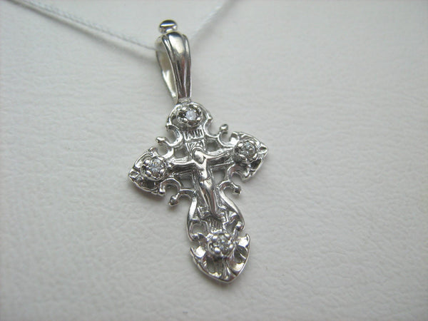 925 Sterling Silver little cross pendant and crucifix with Christian prayer inscription and openwork filigree pattern.