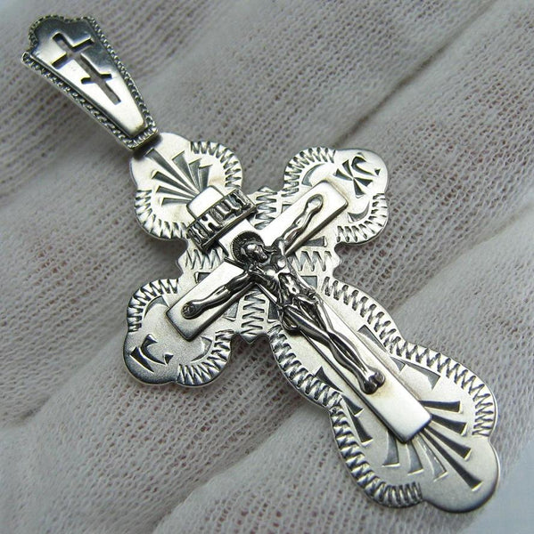 925 Sterling Silver cross pendant with crucifix and Christian prayer inscription to God decorated with laser and manual engravings.