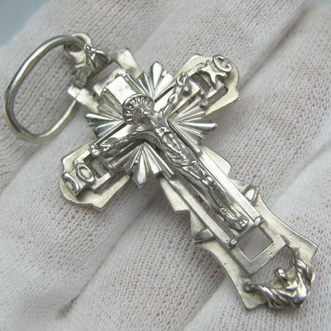 925 Sterling Silver cross pendant with crucifix and Russian prayer text decorated with angels.