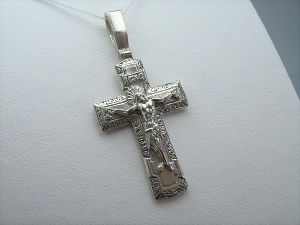 Vintage 925 Sterling Silver cross pendant and crucifix with Christian prayer inscription to the Venerable Cross (Psalm 68) in the Russian language.