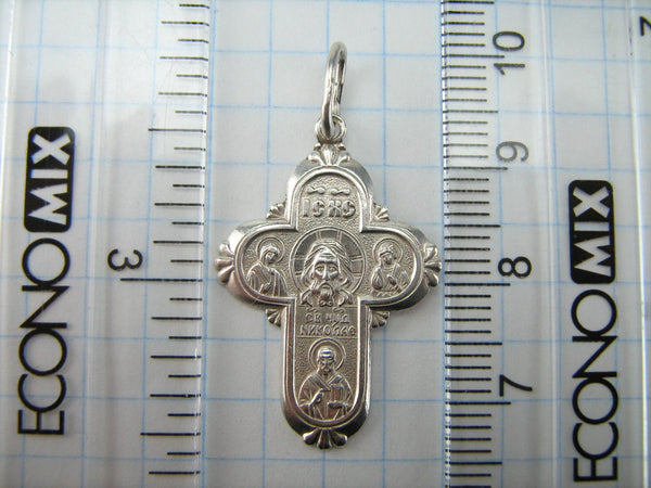 Solid 925 Sterling Silver cross pendant with Christian prayer inscription decorated with the images of Jesus Christ face, Mother Mary, Saint John the Baptist and Nicholas the Wonderworker.