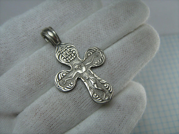 Vintage solid 925 Sterling Silver oxidized pendant and crucifix with Christian prayer inscription to the Venerable cross decorated with plant, floral and filigree pattern