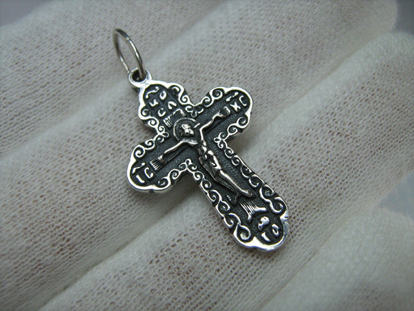 New solid 925 Sterling Silver oxidized cross pendant and Jesus Christ crucifix with Christian prayer inscription to God decorated with wave, floral and filigree pattern