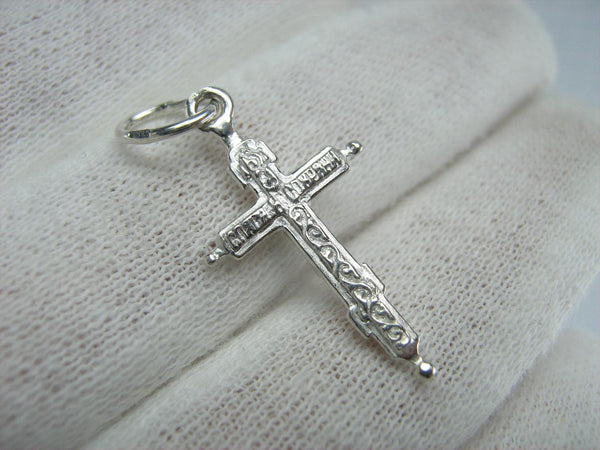 New solid 925 Sterling Silver small old believers cross pendant and Jesus Christ crucifix with Christian prayer inscription to God and decorated with filigree pattern.