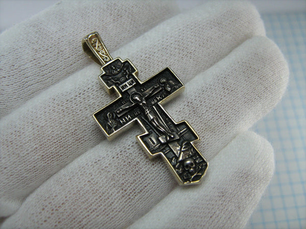 Vintage solid 925 Sterling Silver and Gold plated oxidized old believers cross pendant and Jesus Christ crucifix with angels and Deisis images with Christian prayer inscription to God decorated with plant and filigree pattern