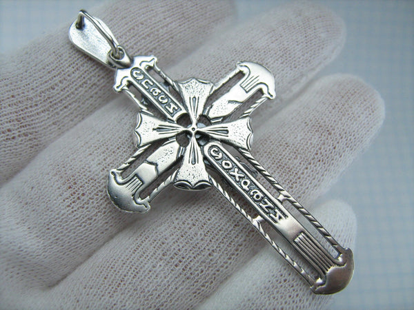 925 Sterling Silver Christian cross pendant and crucifix with Russian language inscriptions decorated with filigree wood oxidized pattern, rare manual work of faith jewelry.