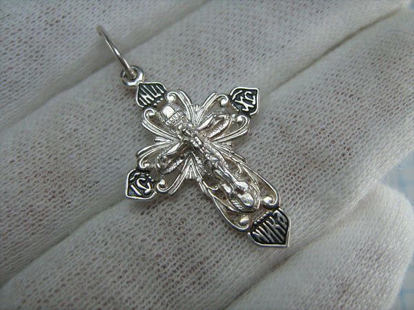 New and never worn solid 925 Sterling Silver oxidized cross pendant and crucifix with Christian prayer inscription to Jesus Christ decorated with openwork pattern