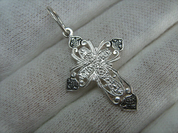 New and never worn solid 925 Sterling Silver oxidized cross pendant and crucifix with Christian prayer inscription to Jesus Christ decorated with openwork pattern