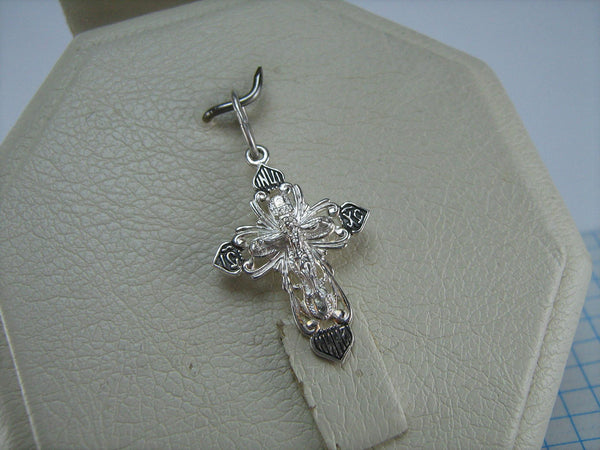 New and never worn solid 925 Sterling Silver oxidized cross pendant and crucifix with Christian prayer inscription to Jesus Christ decorated with openwork pattern