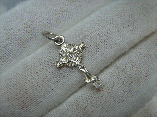 Vintage solid 925 Sterling Silver tiny old believers cross pendant and Jesus Christ crucifix with Christian prayer inscription to God decorated with wood, floral and filigree pattern