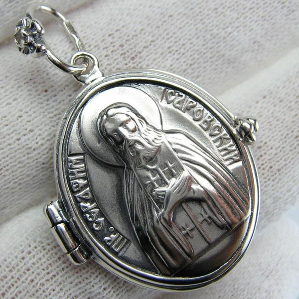 925 Sterling Silver oxidized locket, religious pendant and medal depicting Father Seraphim Sarovskiy with Christian prayer scripture.