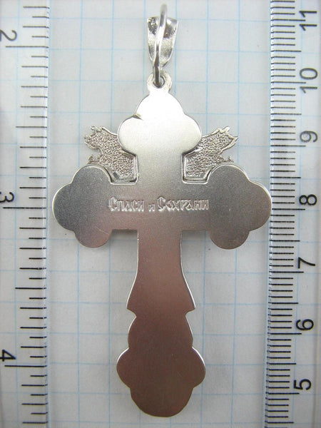 925 Sterling Silver cross pendant with crucifix and Christian prayer text decorated with angels.