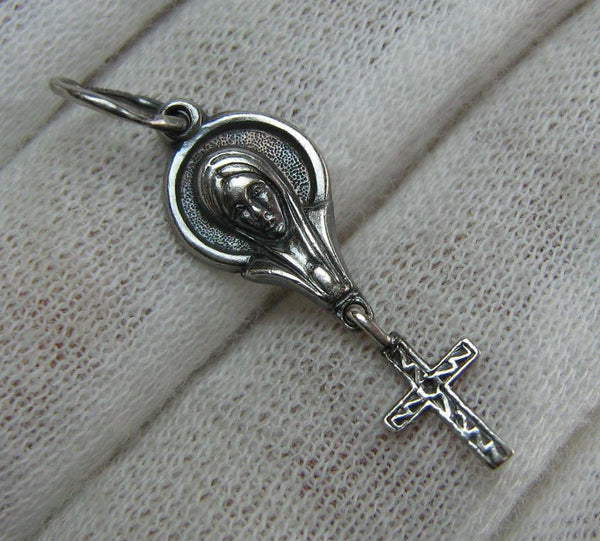 Vintage solid 925 Sterling Silver small and delicate icon pendant and medal with dangling cross depicting Mother of God Mary