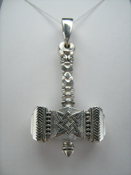 925 Sterling Silver huge and heavy pendant of Svarog hammer decorated with Celtic knots oxidized pattern.