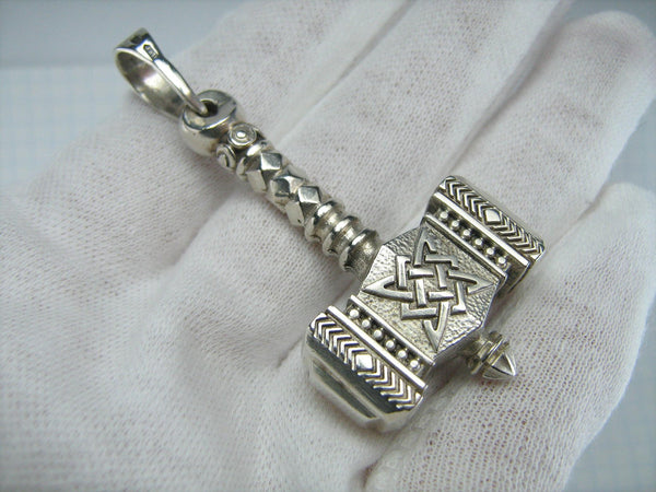 925 Sterling Silver huge and heavy pendant of Svarog hammer decorated with Celtic knots oxidized pattern.