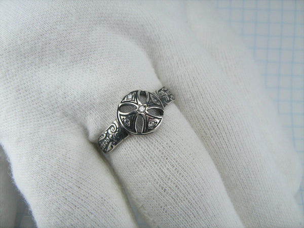 925 Sterling Silver band with Christian prayer inscription to God on the oxidized background with Maltese cross and stones.