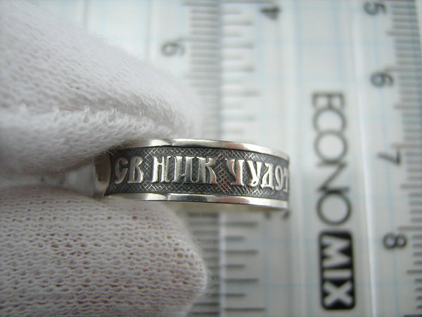 925 Sterling Silver ring with prayer to Saint Nicholas the Wonderworker on the oxidized background decorated with old believers cross.
