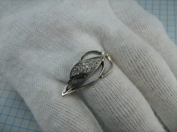 Pre-owned real pure 925 solid Sterling Silver ring shaped very big leaf decorated with round clear Cubic Zirconia stones and openwork craftsmanship