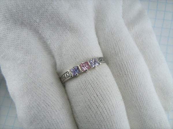 New solid 925 Sterling Silver band and amulet ring with Christian prayer inscription to God on the oxidized background decorated with 3 Cubic Zirconia multicolor stones: violet, purple, rose, pink.