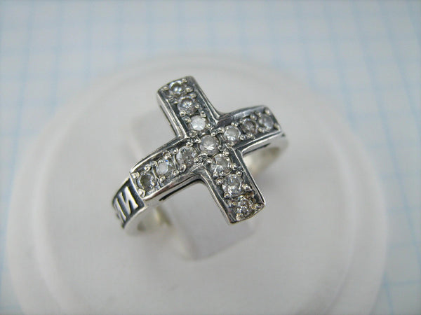 Solid 925 Sterling Silver ring shaped cross with Christian prayer inscription to God on the oxidized background.