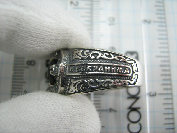 925 Sterling Silver ring shaped cross with Christian prayer text decorated with an oxidized finish.