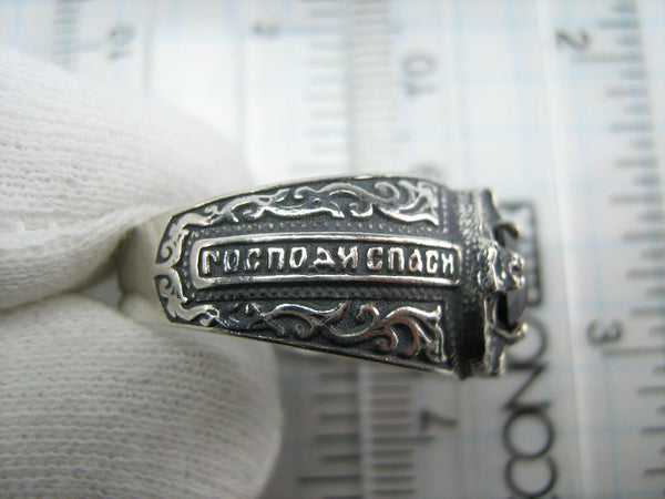925 Sterling Silver wide band with Christian prayer text, oxidized finish and shaped cross.