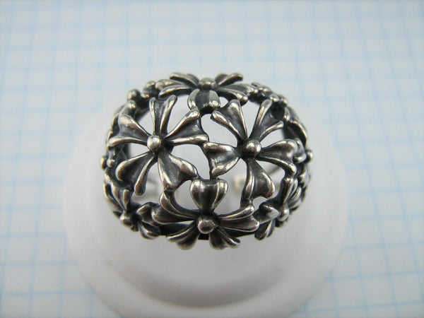 Estate oxidized 925 Sterling Silver large oxidized ring with openwork flower pattern.