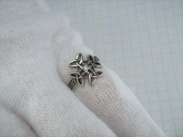 925 Sterling Silver ring with Christian prayer inscription to God on the oxidized background with Celtic knot cross.