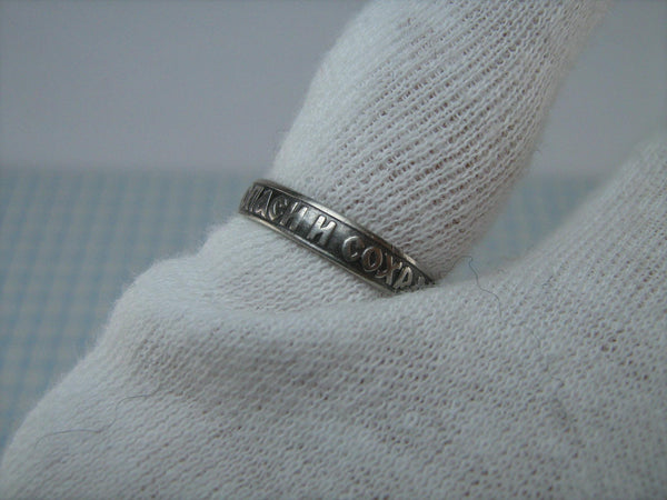 Real pure solid 925 Sterling Silver narrow band with Christian prayer inscription to Lord on the oxidized background with old believers cross, lovely faith amulet ring, jewelry for women and kids