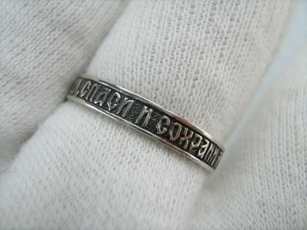 925 Sterling Silver narrow band with Christian prayer inscription to God on the oxidized background with old believers cross.