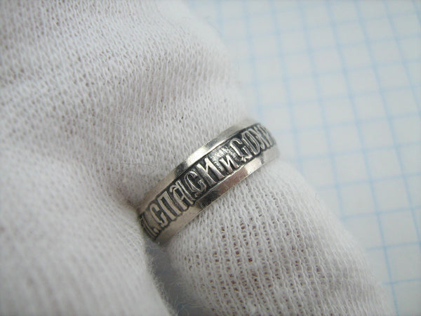 Real pure solid 925 Sterling Silver band with Christian prayer inscription to God on the oxidized background with old believers cross.