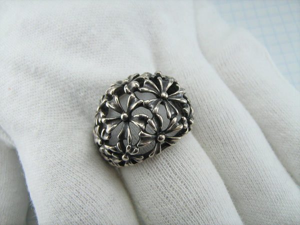 Estate oxidized 925 Sterling Silver large oxidized ring with openwork flower pattern.