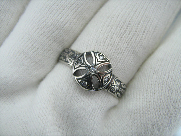 925 Sterling Silver band with Christian prayer inscription to God on the oxidized background with Maltese cross and stones.