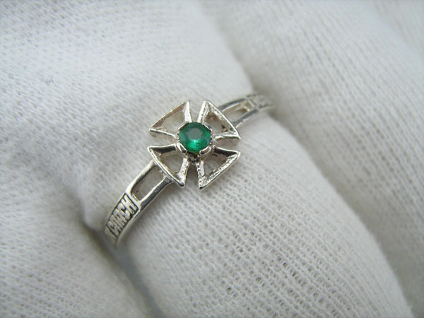 925 Sterling Silver ring with Christian prayer inscription to God on the oxidized background with openwork Maltese cross and green stone.