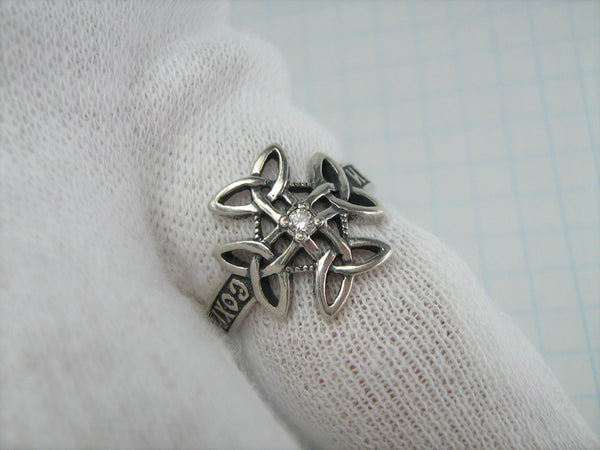 925 Sterling Silver ring with Christian prayer inscription to God on the oxidized background with Celtic knot cross.