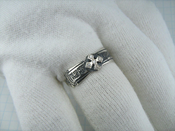 FESTE 925 Sterling Silber Ring Band US Größe 10,5 Russische Text Gebetsamulett Religiöses Kreuz Neu Oxidierte Christliche Kirche Glaubensschmuck RI001033