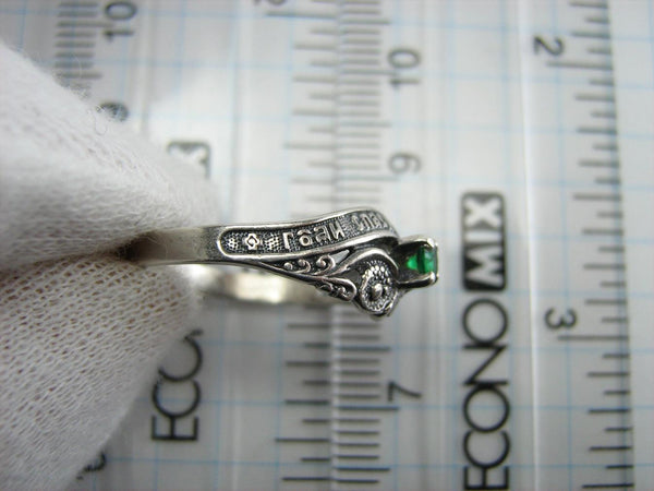 Vintage 925 Sterling Silver ring with Christian prayer inscription to God on the oxidized background decorated with green Cubic Zirconia stone.