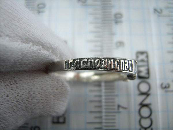 New solid 925 Sterling Silver band and amulet ring with Christian prayer inscription to God on the oxidized background decorated with 3 Cubic Zirconia multicolor stones: sky blue and rose- pink.