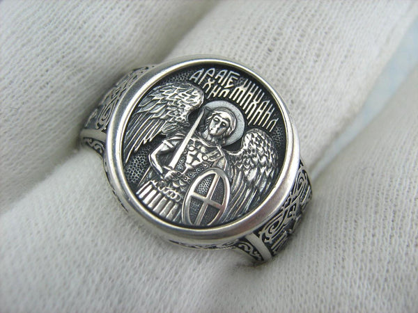 925 Sterling Silver heavy signet with Christian prayer inscription to Saint Michael the Archangel decorated with blessing prayer text.