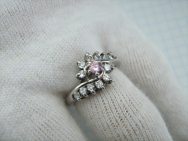 925 solid Sterling Silver cocktail ring with round white and rose pink Cubic Zirconia stones.