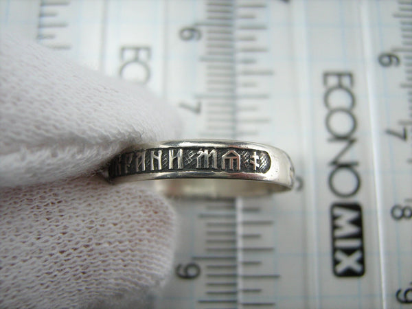 925 Sterling Silver narrow band with Christian prayer inscription to God on the oxidized background with old believers cross.