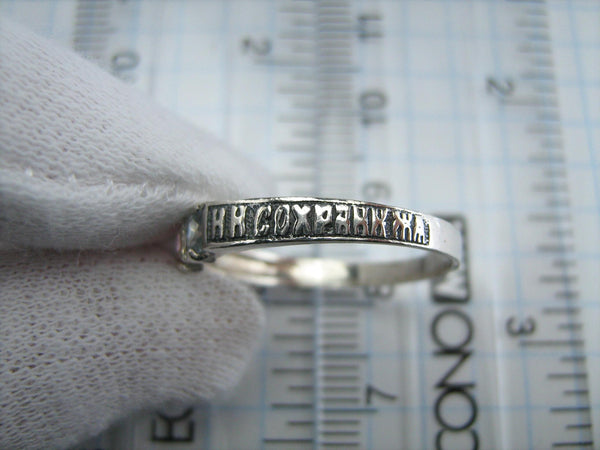 New solid 925 Sterling Silver band and amulet ring with Christian prayer inscription to God on the oxidized background decorated with 3 Cubic Zirconia multicolor stones: sky blue and rose- pink.