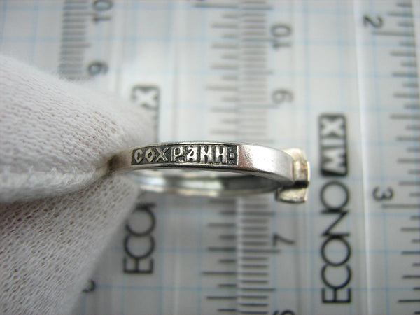 Vintage 925 Sterling Silver band with Christian prayer inscription to God on the oxidized background decorated with cross symbol and Cubic Zirconia stones.