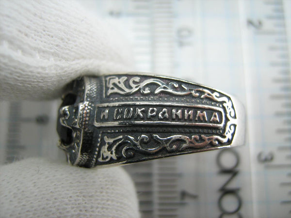 925 Sterling Silver wide band with Christian prayer text, oxidized finish and shaped cross.