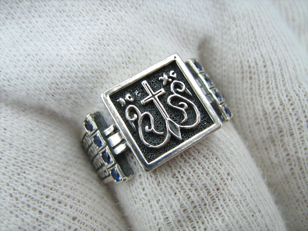 925 Sterling Silver signet with Christian prayer inscriptions on the oxidized background with grapevine cross and decorated with eight CZ blue stones.