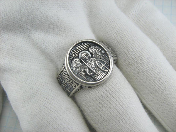 925 Sterling Silver heavy signet with Christian prayer inscription to Saint Michael the Archangel decorated with blessing prayer text.