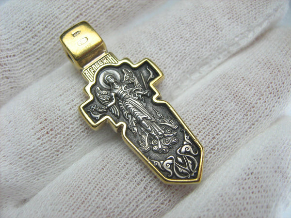925 Sterling Silver and Gold plated oxidized cross pendant and crucifix decorated with real diamonds, filigree pattern, depicting a Holy Spirit symbol and Saint Michael the Archangel.