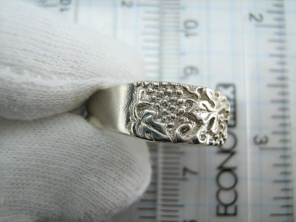 925 solid Sterling Silver ring depicting old believers cross with lifelike plant motif decorated with grapes and vine leaves.