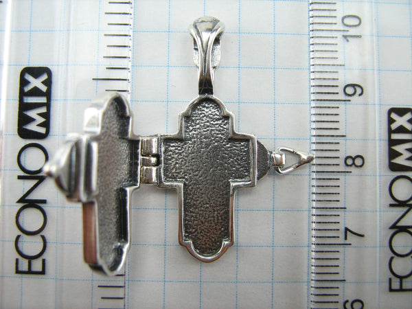Vintage solid 925 Sterling Silver oxidized locket and encolpion pendant depicting old believers cross with Christian prayer inscription.